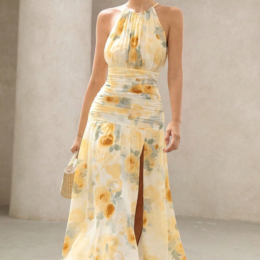 Multicolor Boho Women's Floral Draped Asymmetric Sleeveless Dress - Picture 2 of 7